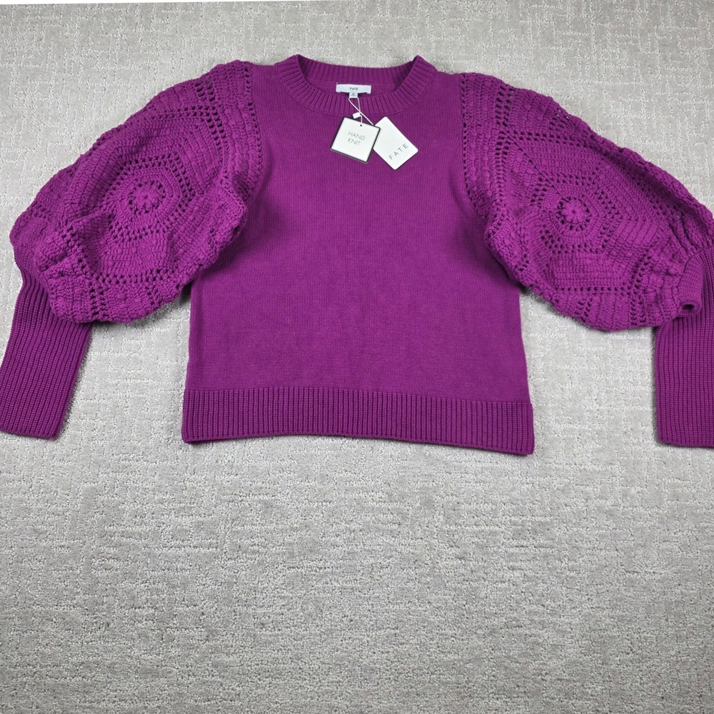 NEW Fate Hand Knit Magenta Purple Crochet Balloon Sleeve Sweater Womens Medium